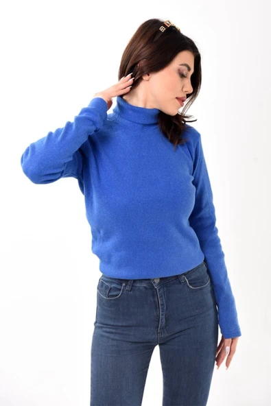 Kadın Balıkçı Yaka Boğazlı Slim Fit Kazak Saks - 4
