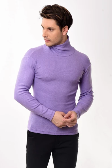 Erkek Balıkçı Yaka Boğazlı Slim Fit Kazak Lila - 3