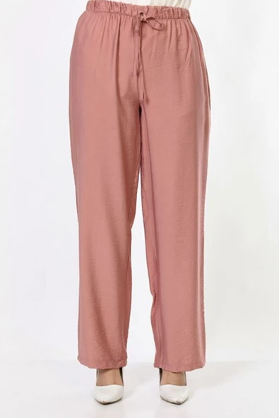 Kadın Geniş Bol Paça Beli Lastikli Salaş Aerobin Pantolon Gül Kurusu