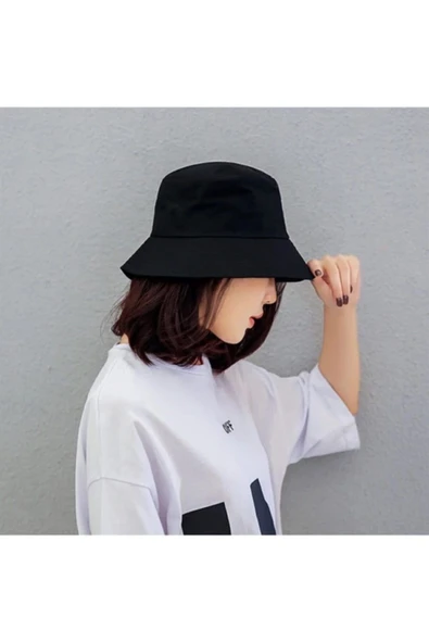 Düz Siyah Kova Şapka Balıkçı Şapka Bucket Hat - 4