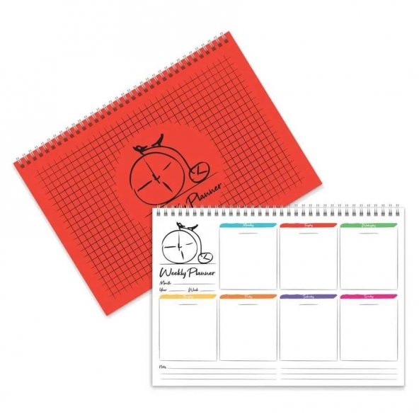 Haftalık Planlama (Sümen) A4 Boy - Bisiklet Saat Tasarımlı Kırmızı