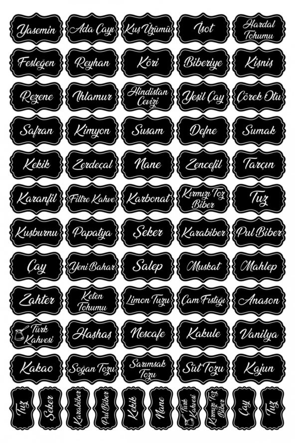 Universal  Siyah 104 Adet Baharat Bakliyat Kuruyemiş Kavanoz Sticker Etiketi