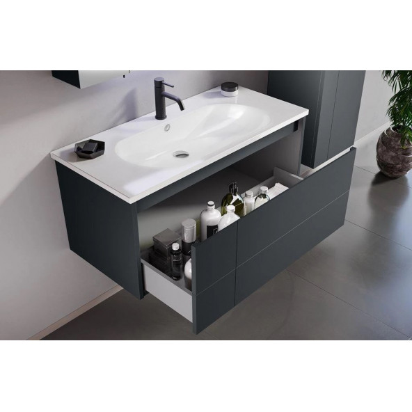 Orka Likya 100 cm MDF Antrasit Banyo Dolabı Alt Modül ve Lavabo - 2