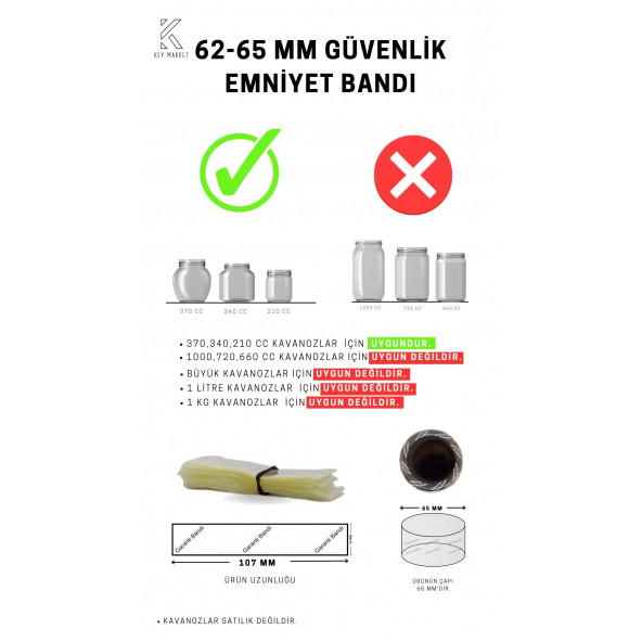 Standart Kavanoz Güvenlik Emniyet Bandı 100 Adet, 62-65mm Ağız Çapına Uygun, 107x30mm Boyut, Baskılı