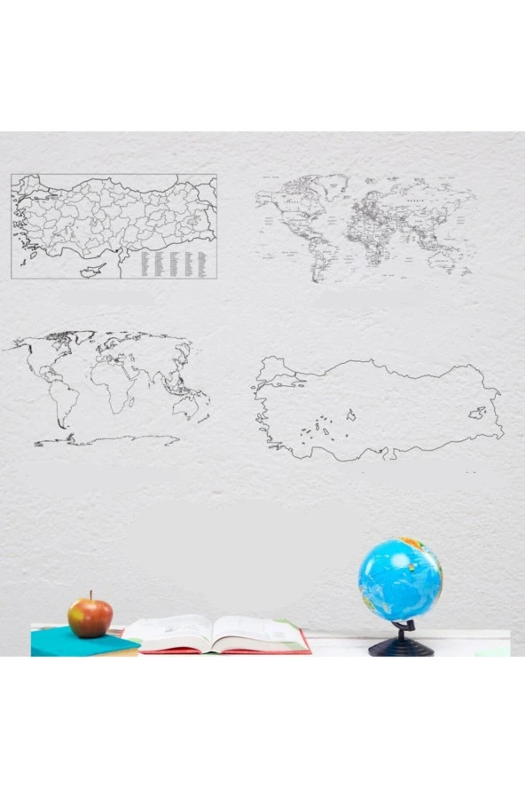 4LÜ Harita Seti -  Yapışkansız Tutunan Akıllı Kağıt & Silgili Tahta Kalemi