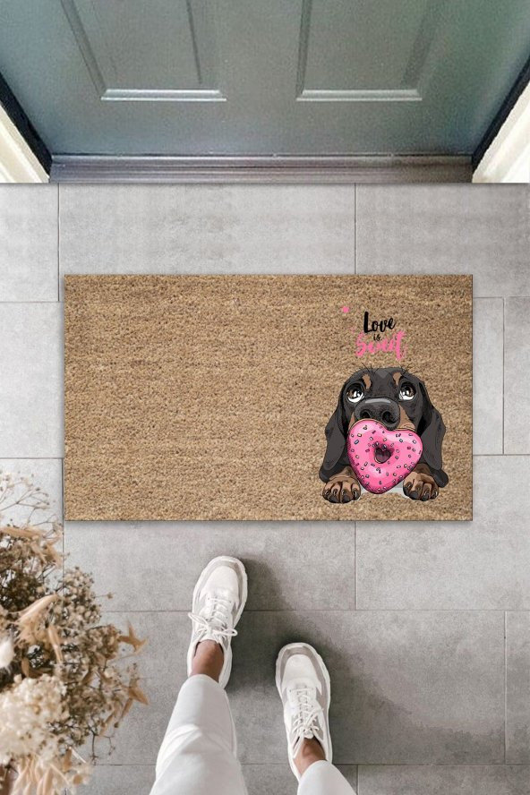 Dijital Baskı Kalitesi  Kahverengi Love Sweet Pembe Uzun Kulaklı  Köpek  Dekoratif Kapı  Paspası