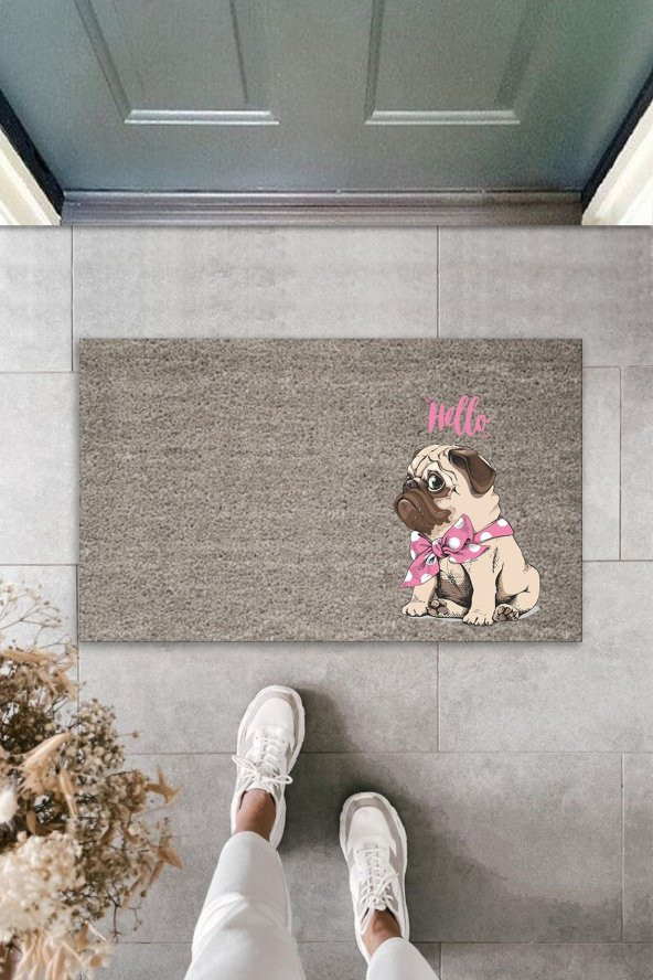 Dijital Baskı Kalitesi  Gri Hello Yazılı Pembe Fiyonklu Köpek  Dekoratif Kapı  Paspası