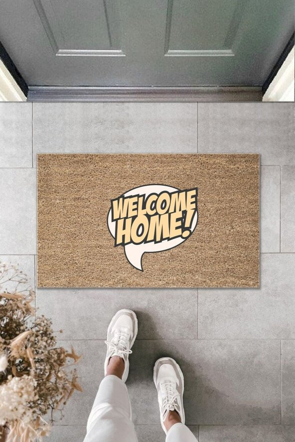 Dijital Baskı Kalitesi  Kahverengi Konuşma Balonu İçinde Welcome Home  Dekoratif Kapı  Paspası