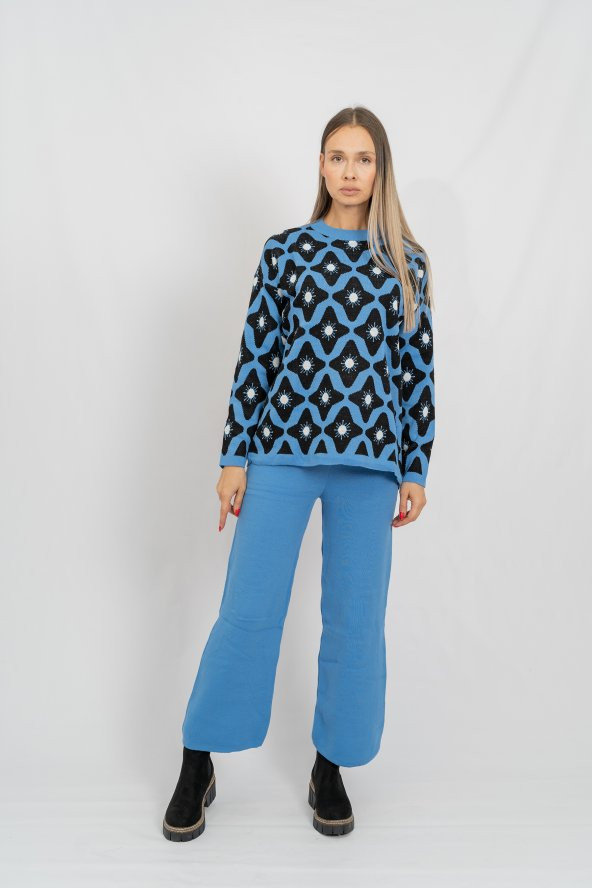 Kadın Mavi Desenli Sıfır Yaka Triko Kazak & Pantolon Takım