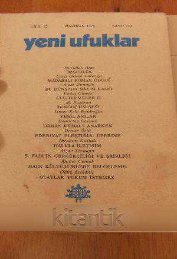 YENİ UFUKLAR Aylık Sanat, Düşünce Dergisi  *  Cilt: 22  Haziran 1974  Sayı: 249