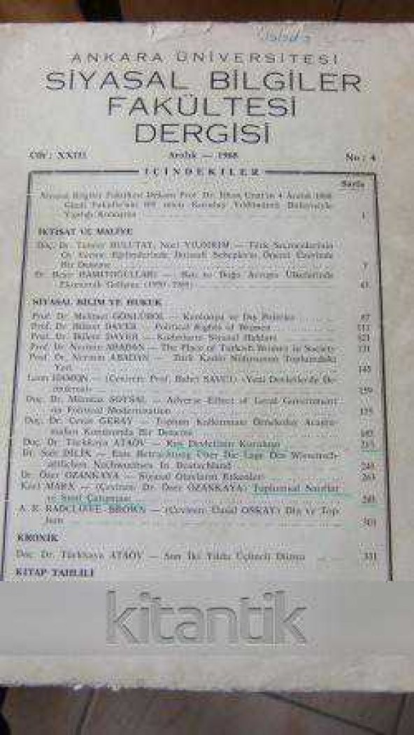 ANKARA ÜNİVERSİTESİ  SİYASAL BİLGİLER FAKÜLTESİ DERGİSİ    Cilt : XXIII    Sayı: 4     Yıl : 1968