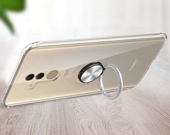 Huawei Mate 20 Lite Kılıf Kenar Korumalı Yüzüklü Şeffaf Silikon Clear Ring Case - 10