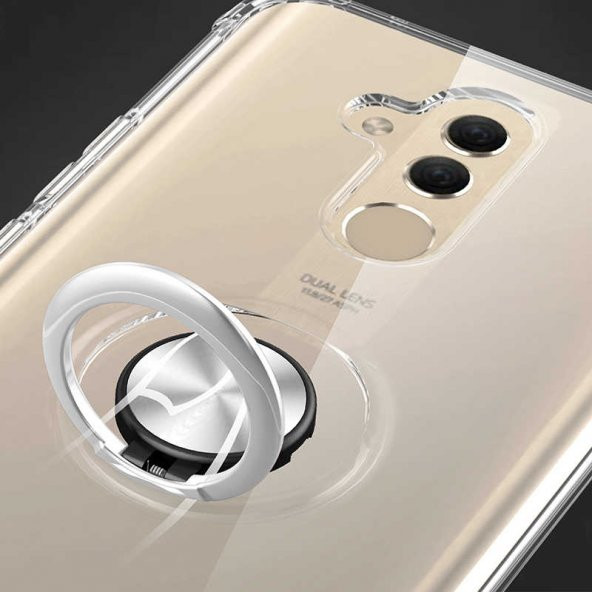 Huawei Mate 20 Lite Kılıf Kenar Korumalı Yüzüklü Şeffaf Silikon Clear Ring Case - 12