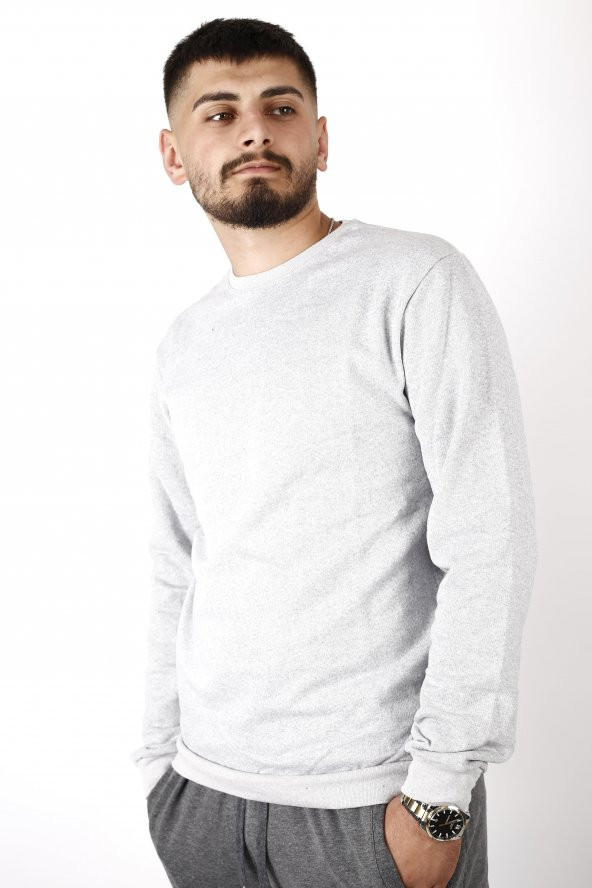 Erkek Gri Melanj Düz Baskısız Basic Bel Bilek Ribanalı İnce Sweatshirt 22ESWTDUZS