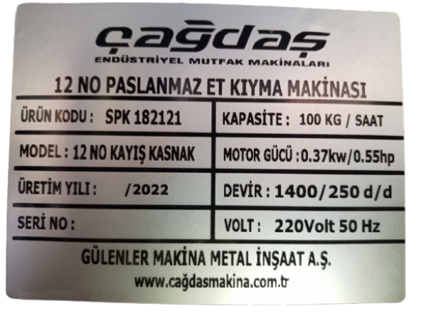Çağdaş 12 No Kayış Kasnaklı Paslanmaz Et Kıyma Makinesi 220v - 2