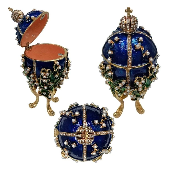 Faberge Yumurta Swarovski Taşlı Lüks Mücevher Kutusu Mavi 14 cm - 5