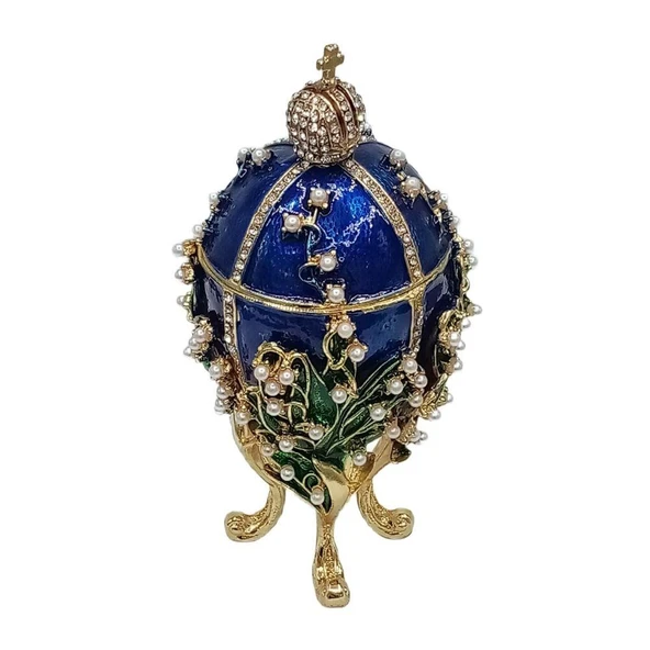Faberge Yumurta Swarovski Taşlı Lüks Mücevher Kutusu Mavi 14 cm - 2
