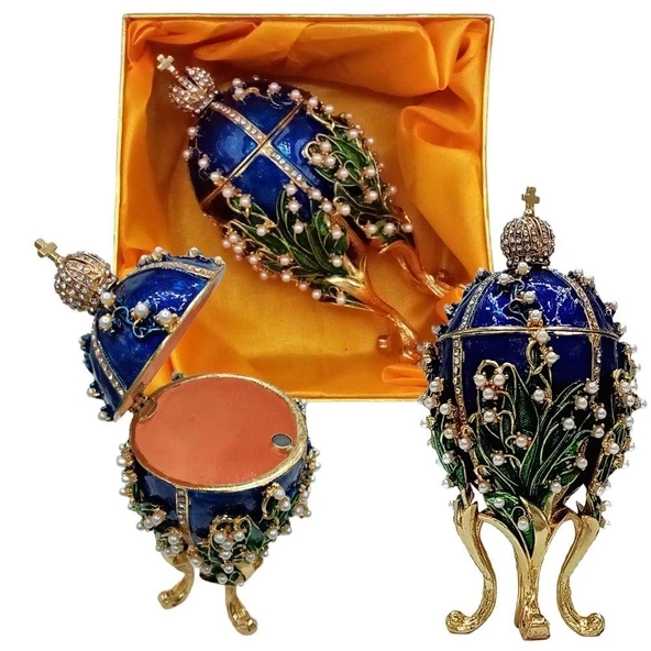 Faberge Yumurta Swarovski Taşlı Lüks Mücevher Kutusu Mavi 14 cm - 4