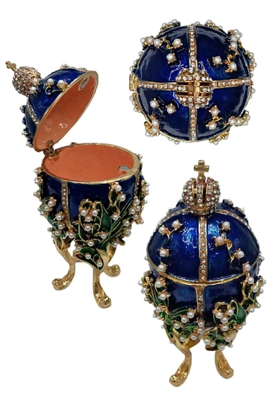Faberge Yumurta Swarovski Taşlı Lüks Mücevher Kutusu Mavi 14 cm - 10