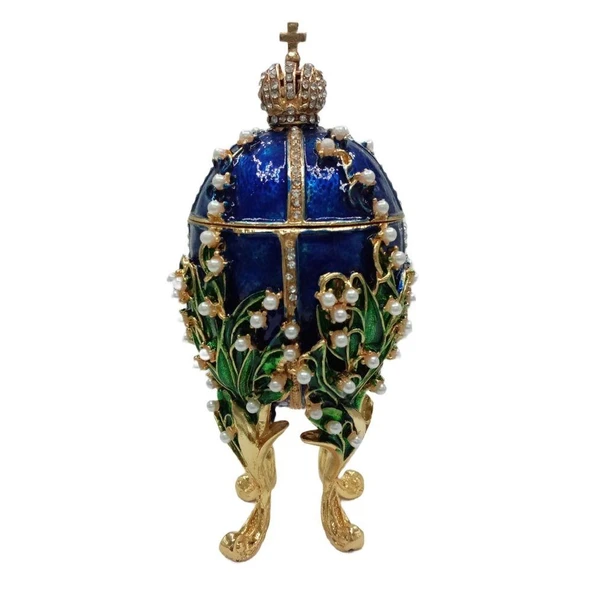 Faberge Yumurta Swarovski Taşlı Lüks Mücevher Kutusu Mavi 14 cm - 3
