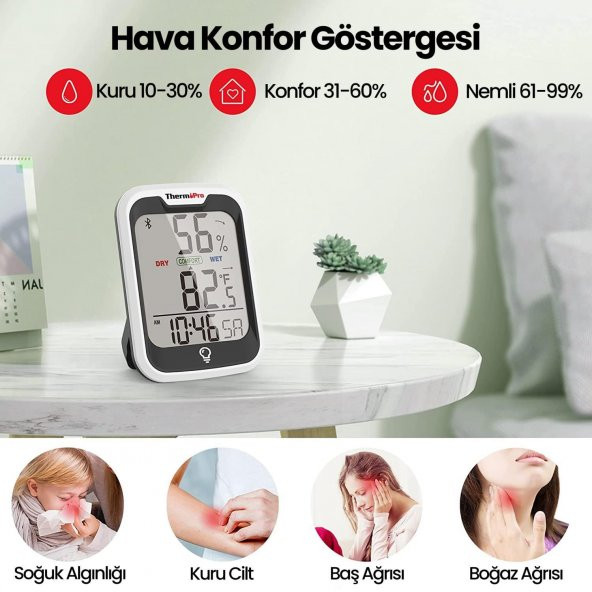ThermoPro TP358 Telefon Kontrollü, Saatli, Takvimli, İç Mekan Sıcaklık ve Nem Ölçer Termometre - 4