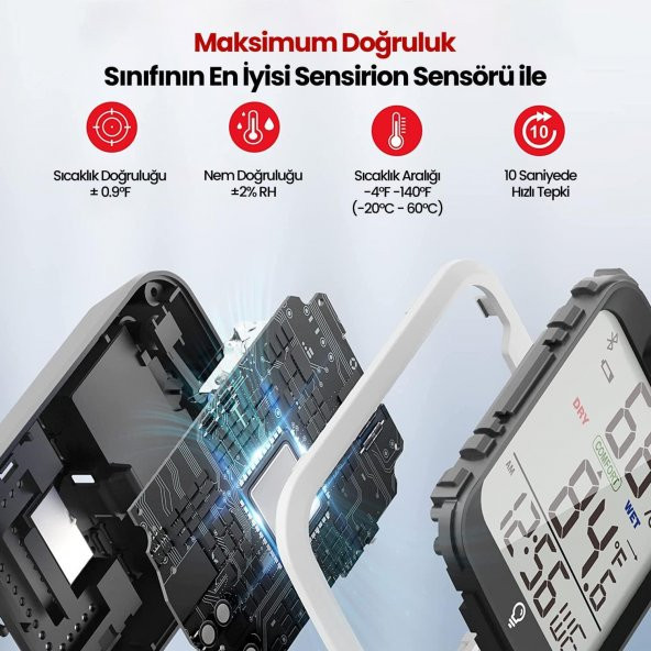 ThermoPro TP358 Telefon Kontrollü, Saatli, Takvimli, İç Mekan Sıcaklık ve Nem Ölçer Termometre - 5