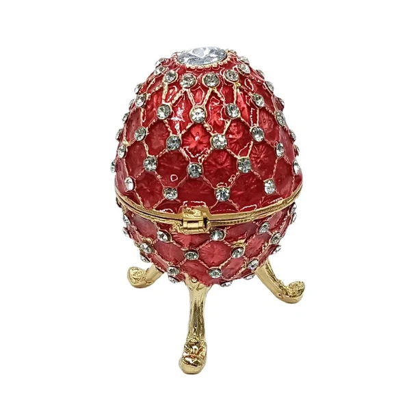 Faberge Yumurta Swarovski Taşlı Lüks Mücevher Kutusu Kırmızı 10 cm - 5