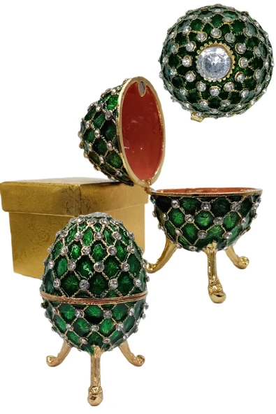 Faberge Yumurta Swarovski Taşlı Lüks Mücevher Kutusu Yeşil 10 cm - 10