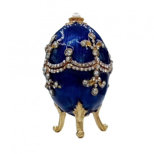 Faberge Yumurta Swarovski Taşlı Lüks Mücevher Kutusu Mavi 9 cm