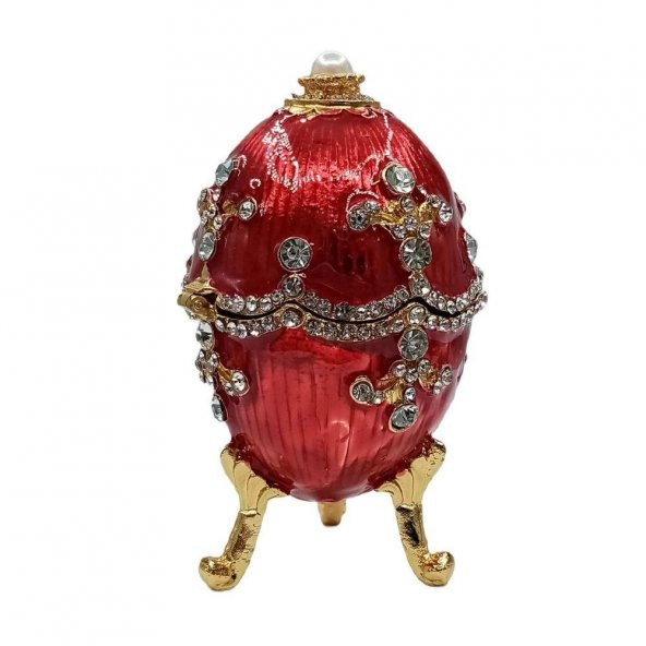 Faberge Yumurta Swarovski Taşlı Lüks Mücevher Kutusu Kırmızı 9 cm