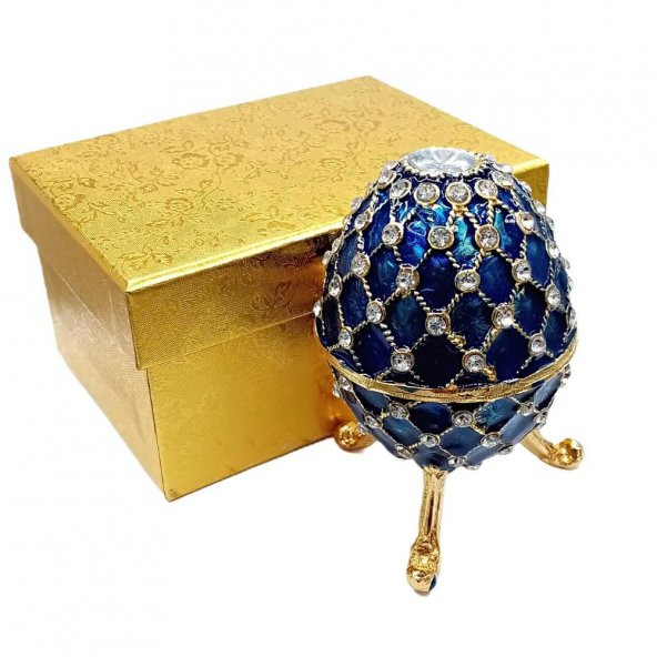 Faberge Yumurta Swarovski Taşlı Lüks Mücevher Kutusu Mavi 10 cm - 2