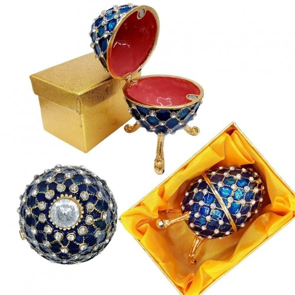 Faberge Yumurta Swarovski Taşlı Lüks Mücevher Kutusu Mavi 10 cm - 5
