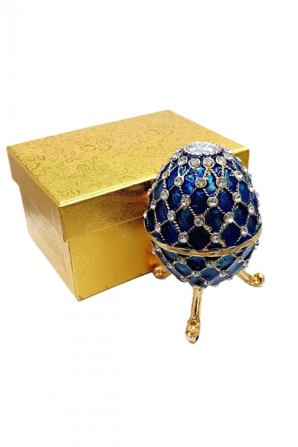 Faberge Yumurta Swarovski Taşlı Lüks Mücevher Kutusu Mavi 10 cm - 8