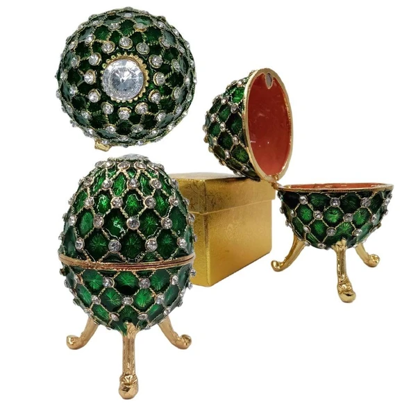 Faberge Yumurta Swarovski Taşlı Lüks Mücevher Kutusu Yeşil 10 cm - 5
