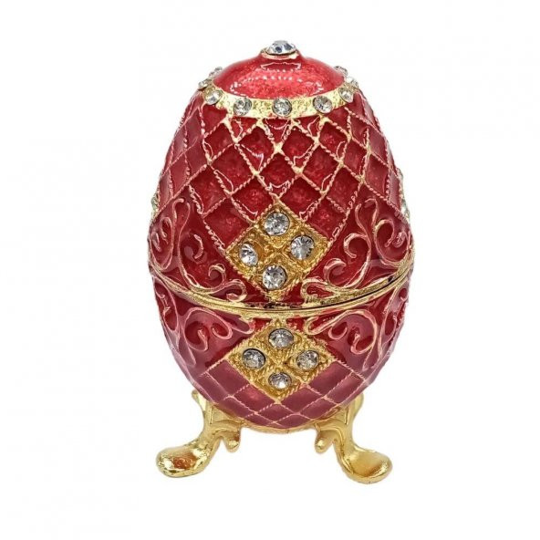 Faberge Yumurta Swarovski Taşlı Lüks Mücevher Kutusu Kırmızı 10cm - 2