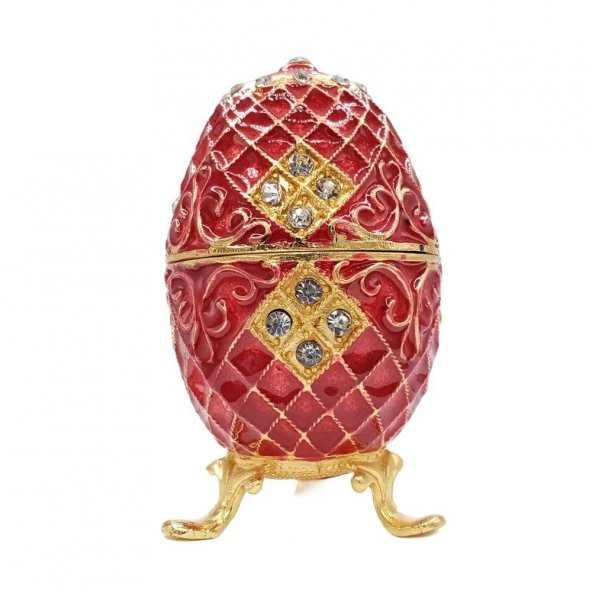 Faberge Yumurta Swarovski Taşlı Lüks Mücevher Kutusu Kırmızı 10cm - 5