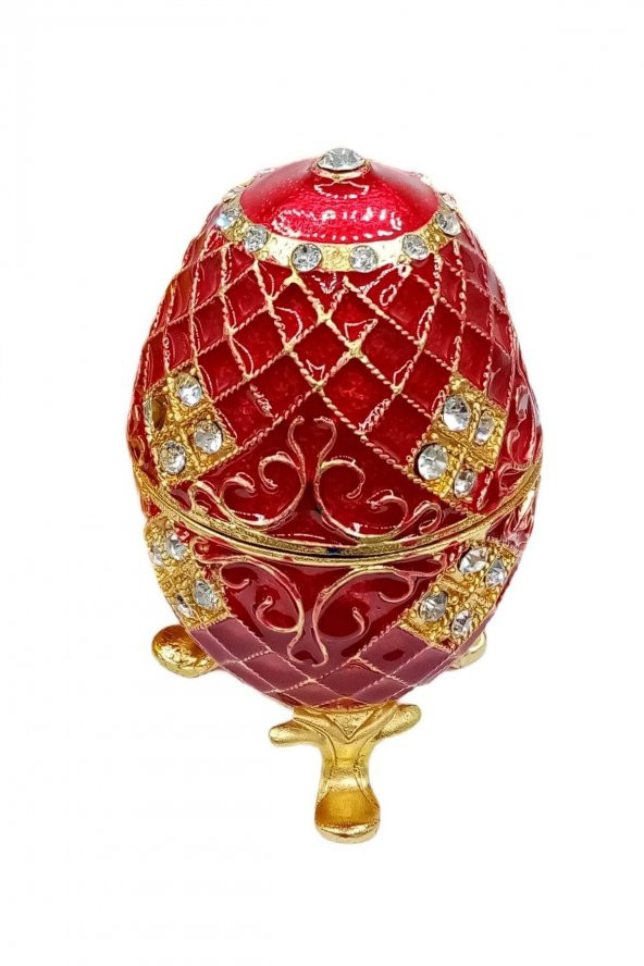 Faberge Yumurta Swarovski Taşlı Lüks Mücevher Kutusu Kırmızı 10cm - 6