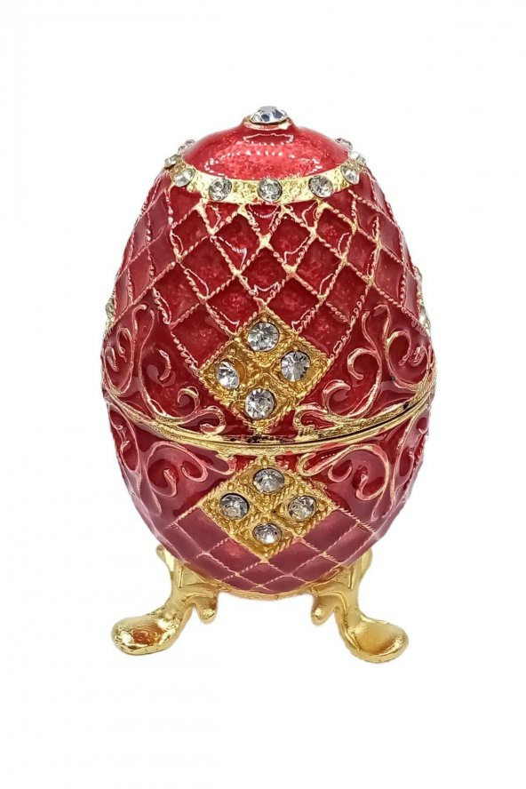 Faberge Yumurta Swarovski Taşlı Lüks Mücevher Kutusu Kırmızı 10cm - 8