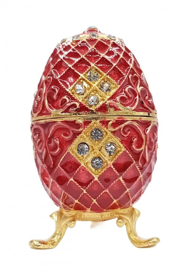 Faberge Yumurta Swarovski Taşlı Lüks Mücevher Kutusu Kırmızı 10cm - 10