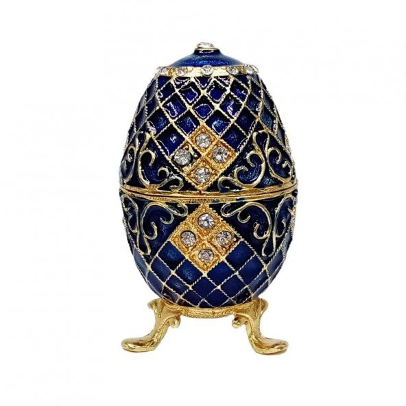 Faberge Yumurta Swarovski Taşlı Lüks Mücevher Kutusu Mavi 10cm - 4
