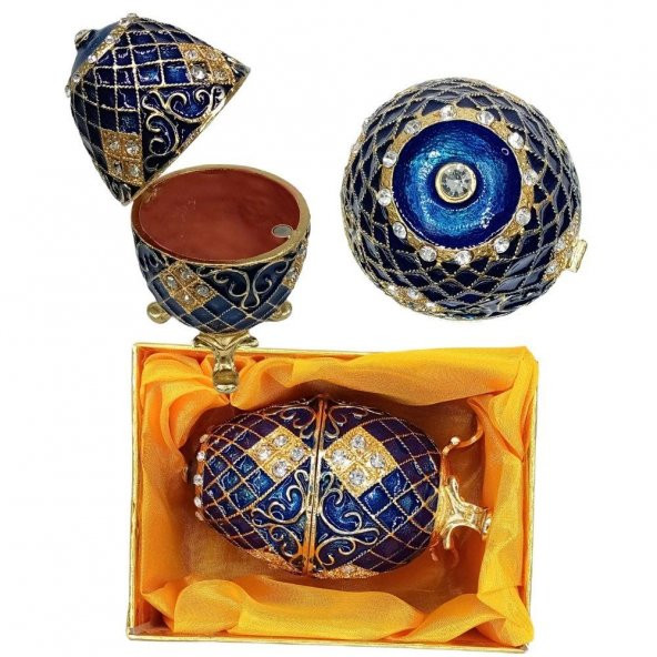 Faberge Yumurta Swarovski Taşlı Lüks Mücevher Kutusu Mavi 10cm - 5