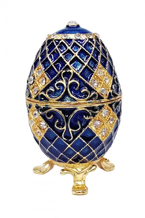 Faberge Yumurta Swarovski Taşlı Lüks Mücevher Kutusu Mavi 10cm - 6