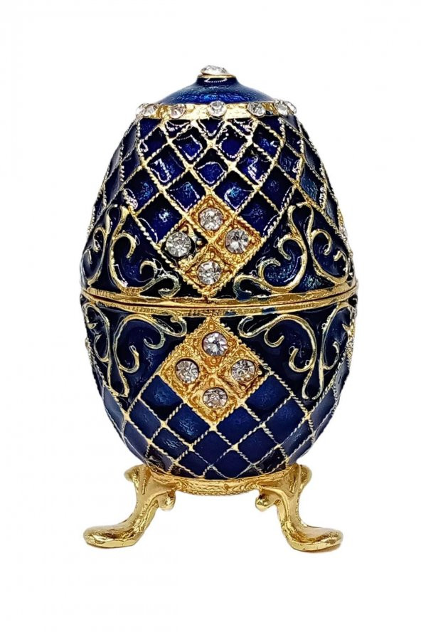 Faberge Yumurta Swarovski Taşlı Lüks Mücevher Kutusu Mavi 10cm - 9