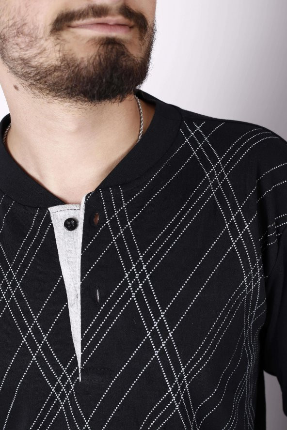 Erkek Siyah Yaka Düğmeli İnterlok Kumaş Rahat Kalıp Uzun Kollu Pijama Takımı 21EPJTBKLV - 3