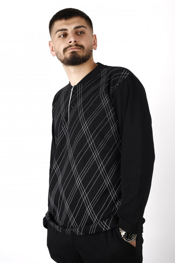 Erkek Siyah Yaka Düğmeli İnterlok Kumaş Rahat Kalıp Uzun Kollu Pijama Takımı 21EPJTBKLV - 5