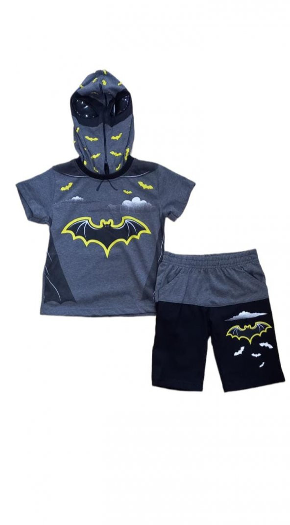 Gigas Batman Kapüşonlu Kısa Kollu Erkek Çocuk 2 Li Takım FÜME