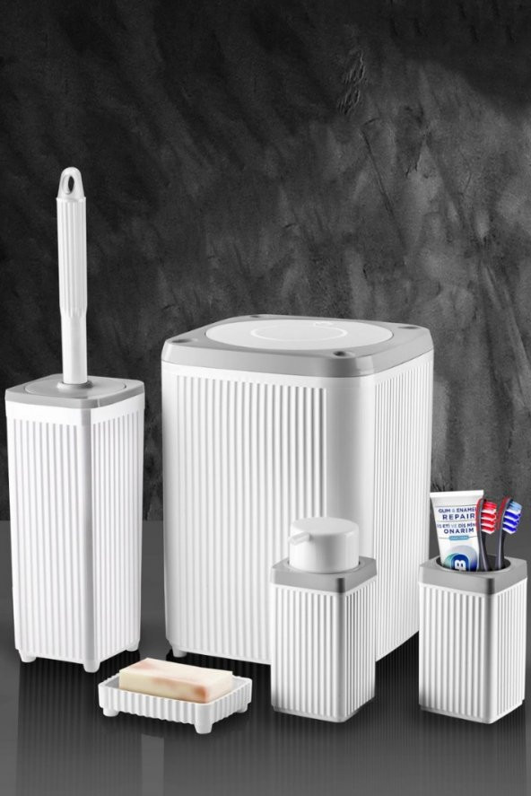 SAS Çöp Kovası Tuvalet Fırçası Sıvı Sabunluk 5 Parça Kare Banyo Seti 5 Litre Beyaz