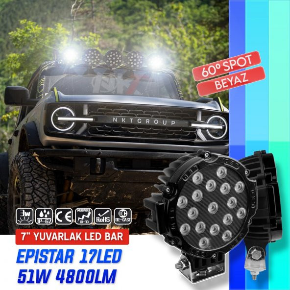 Nkt Group 7 Inc 17 Led Yuvarlak Offroad Lamba Siyah kasa 51w Beyaz