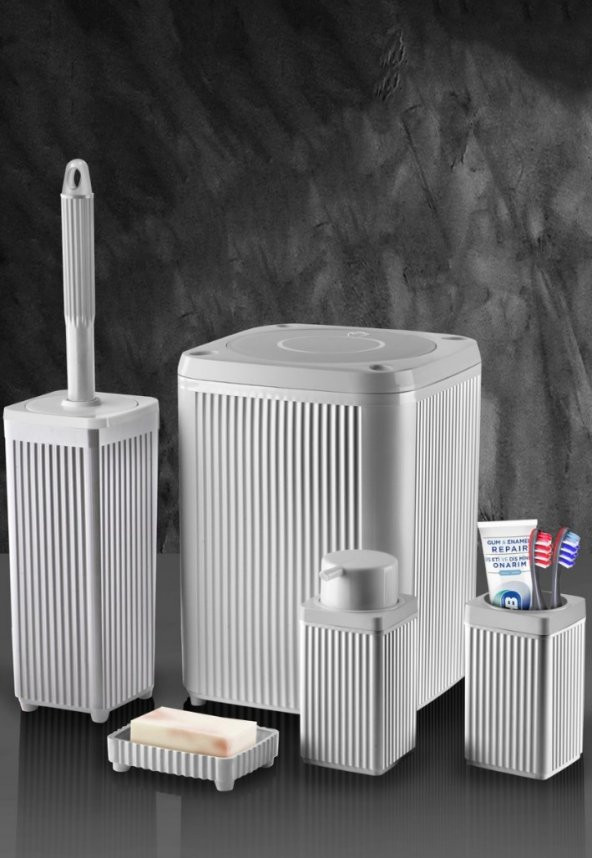 SAS Çöp Kovası Tuvalet Fırçası Sıvı Sabunluk 5 Parça Kare Banyo Seti 5 Litre Gri - 1