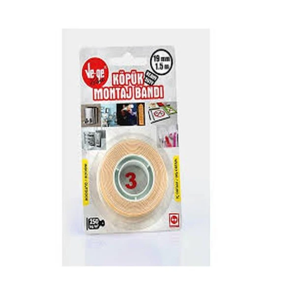 Vege Çift Taraflı Köpük Bant 19 MM x 1,5 Mt (3)
